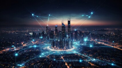 Business strategy in action: Top view of businessman leveraging modern technology with digital layer effects. Cityscape at night symbolizing wireless network and connection technology.