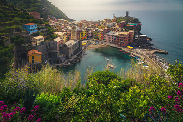 Vernazza view from the flowery garden, Cinque Terre, Italy - 754871002