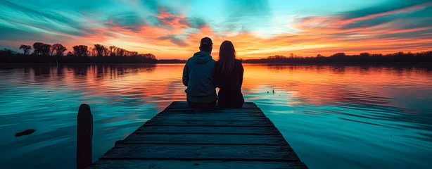  A wedding couple sitting on a jetty in front of a lake at sunset © TopMicrobialStock