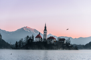Lake Bled, Slovenia, in a frosty winter morning light