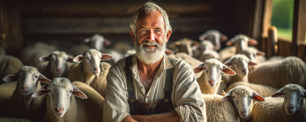 Shepherd with flock of sheep in barn