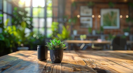 Wooden Table With Potted Plants by Window