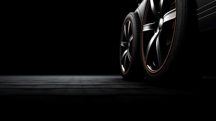 Car tires on black background with copy space, an illustrative concept for auto parts business and car repair shop