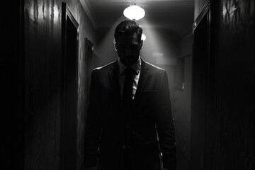 Fototapeta na wymiar A man dressed in a suit and tie is walking down a hallway.