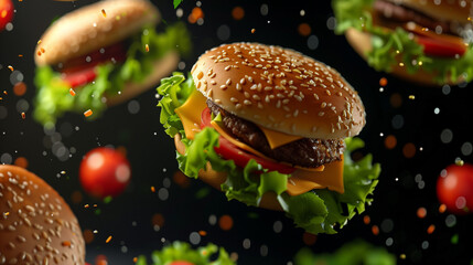 Wallpaper Background: Succulent Meat Burgers Flying in Bokeh Style against a Black Background, Contrast between Burger Ingredients and the Dark Background, Adding Visual Impact and Appetizing Appeal