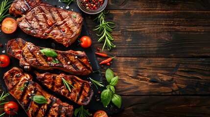 Flavorful grilled pork steaks topped with spices and arranged flat on a dark hardwood table. Text space
