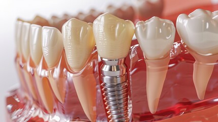 Closeup of a dental implant model, cutaway side view A medical education poster set against a white background. For example. stomatology. Innovative Medical Idea