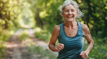 Happy Senior Woman Jogging running in park