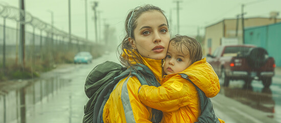 portrait of a woman with her daugther, at the border of a state, waiting to pass through 