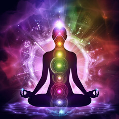 Human silhouette in yoga pose. Chakras, prana cloud, Universe, cosmos. Meditation dzen background,