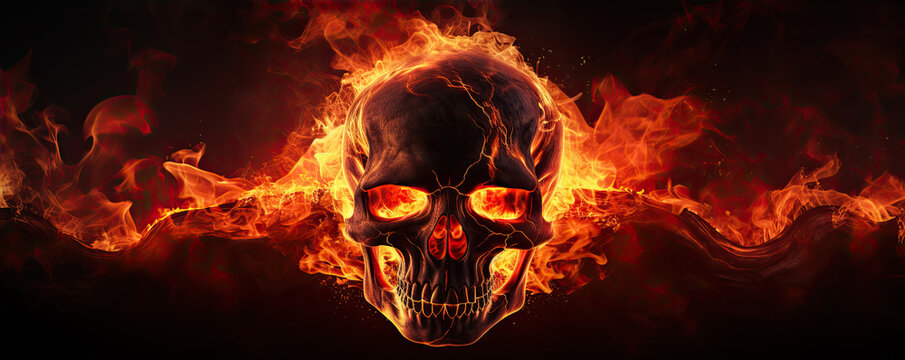 Flaming skull with crack detail on black