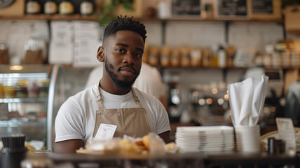 Fototapeta premium Barista in apron at the counter portraying confidence at a cozy café.