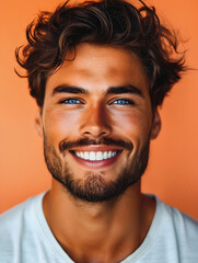Fototapeta premium Closeup Portrait oh handsome young male Caucasian model smiling with perfect teeth isolated on peach orange background