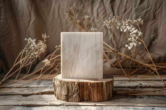 Pedestal with elements of ecology, nature, sun rays, plants, water, product photography
