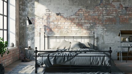 Urban Industrial Bedroom Decor with Metal Bed Frame and Brick Wall