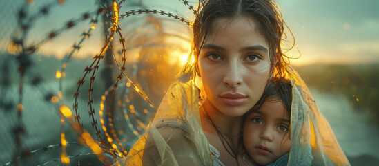 portrait of a woman with her daugther, at the border of a state, waiting to pass through 