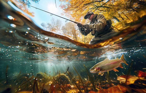 Photo Of A Fly Fisherman With His Fishing Rod, An Underwater View From The Water Surface Showing An Action Shot Where He Is Pulling Out A Large Rainbow Trout From A River In An Autumn Forest Landscape