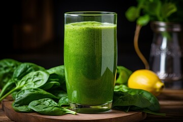 Wholesome Organic green spinach smoothie glass on wooden table. Healthy vegetables drink with lemon juice. Generate ai