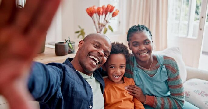 Family selfie, child and parents on sofa with smile, love and relax together at home for social media. Face of African people, mom and dad with kid or boy on couch for profile picture and photography