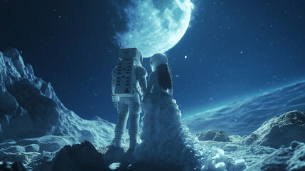 Hochzeit auf dem Mond mit Brautkleid und Helm, ai generativ - obrazy, fototapety, plakaty