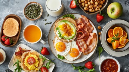 Delicious Breakfast Spread with Fried Eggs, Bacon, Hash Browns, Pancakes, Avocado Toasts, Milk, and Orange Juice - obrazy, fototapety, plakaty