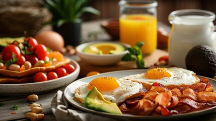 Fototapeta na wymiar Delicious Breakfast Spread with Fried Eggs, Bacon, Hash Browns, Pancakes, Avocado Toasts, Milk, and Orange Juice