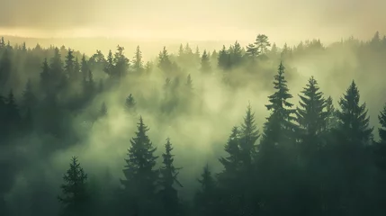 Selbstklebende Fototapeten A Whimsical Journey into the Past: Vintage Retro Hipster Style Meets Majestic Fir Forest Mist © nagulan
