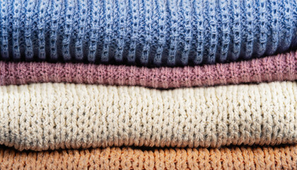 Background with a stack of knitted fabric. Textile background.