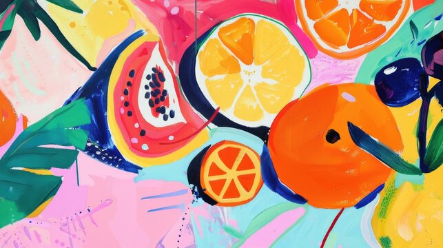 Abstract background with fruits in minimalistic flat hand drawn naive style. Simple tropical summer banner, trendy stylish fashion print, poster