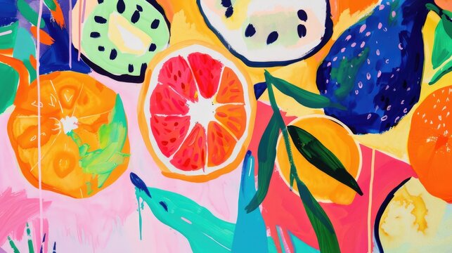 Abstract background with fruits in minimalistic flat hand drawn naive style. Simple tropical summer banner, trendy stylish fashion print, poster