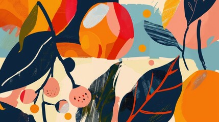 Abstract background with fruits in minimalistic flat hand drawn naive style. Simple tropical summer banner, trendy stylish fashion print, poster