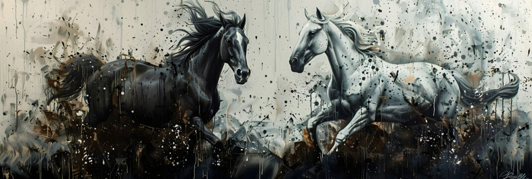 Detailed painting of modern abstract art, with metal elements, texture background, and animals and horses.