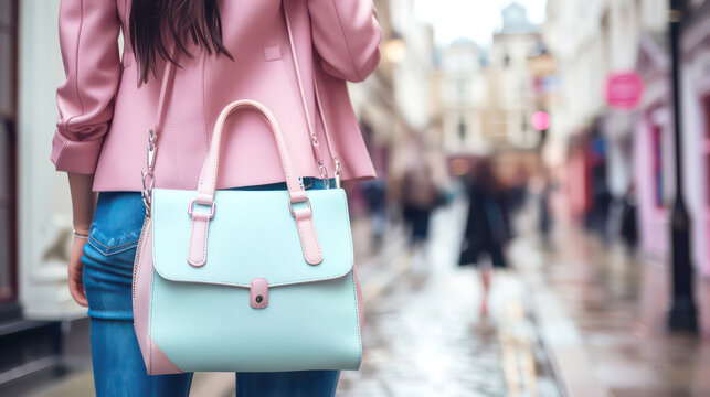 Illustration of Close Up Handbag Holding by Stylish Woman With Pastel Color. 