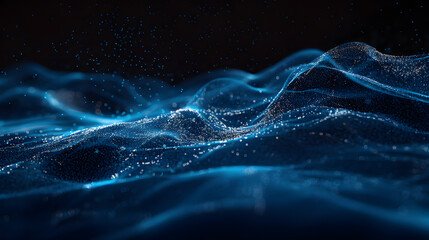 A Mysterious Cosmic Voyage: Dark Blue Glowing Particle Abstract Background - obrazy, fototapety, plakaty