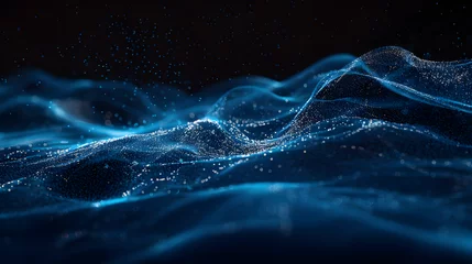 Schilderijen op glas A Mysterious Cosmic Voyage: Dark Blue Glowing Particle Abstract Background © nagulan