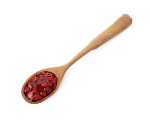 Spoon with fresh cranberry sauce isolated on white, top view