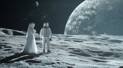 Hochzeit auf dem Mond mit Brautkleid und Helm in schwarz weiß, ai generativ - obrazy, fototapety, plakaty