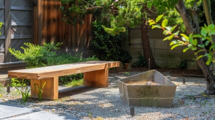 Serene Minimalist Garden with Wooden Bench and Fountain