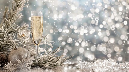 Champagne Glass on Silver Background with Christmas and New Year Highlights