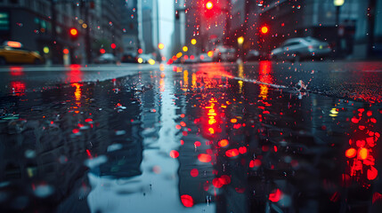 City street in the rain with red lights reflected in a puddle - obrazy, fototapety, plakaty