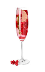 Tasty cranberry cocktail with ice cubes, lime and rosemary in glass isolated on white