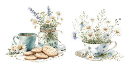 Obraz na płótnie Canvas Watercolor flower arrangements in jar and teacup