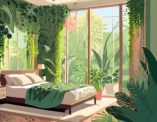 Interior shots bedroom room with flora and fauna or vertical gardens on digital art concept.