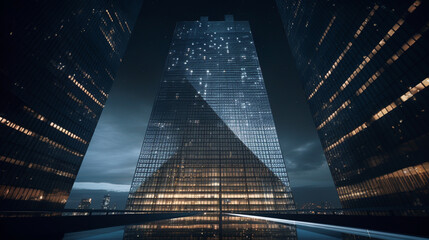 A skyscraper whose exterior lighting creates intricate, glowing patterns at night.