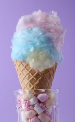 Sweet cotton candy in waffle cone on purple background, closeup