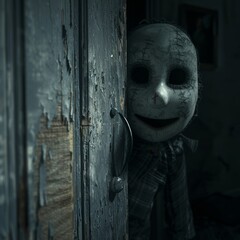 a evil puppet behind the door, dark room

