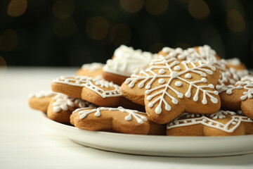 Tasty Christmas cookies with icing on white wooden table against blurred lights, closeup