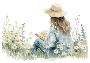 Woman reading in a field of daisies