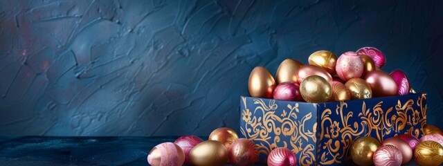 Golden and Pink Easter Eggs Spilling from Ornate Gift Box