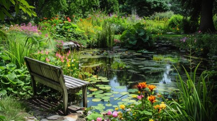 Fototapeta na wymiar Tranquil Backyard Pond with Wooden Bench and Flowers AI Generated.